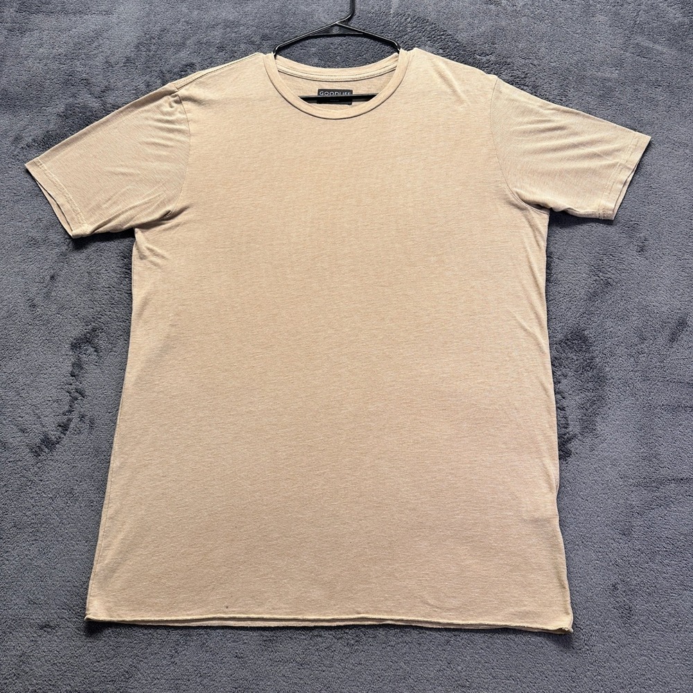 Goodlife T-Shirt Mens Medium Tan Linen Blend Short Sleeve Raw Hem Made in USA